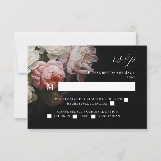 Moody Peony Rose Floral Wedding Black RSVP Card (Vorderseite)