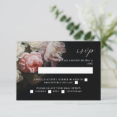 Moody Peony Rose Floral Wedding Black RSVP Card (Stehend Vorderseite)
