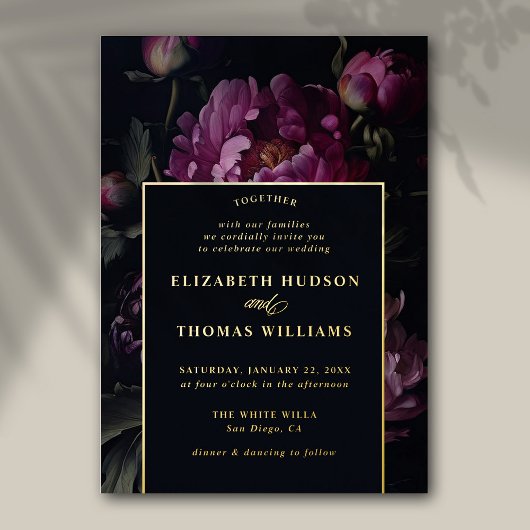 Moody Pink Peony Moderne Vintage Elegante Hochzeit Folieneinladung