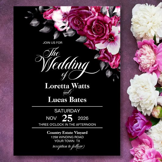Moody Pink Rose Floral Black Wedding Einladung