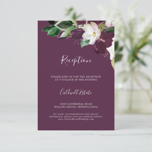 Moody Plum Lila Wedding Reception Insert Card (Stehend Vorderseite)