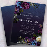 Moody Purple Flowers 30. Geburtstags-Party Einladung<br><div class="desc">Tief violette Blumen mit weißen und blauen Pop sorgen für eine stimmungsvolle Winterpalette. Sie sind in dunkelgrünem und schwarzem Blattwerk eingebettet. Der dunkelblaue Aquarellhintergrund verleiht ihm ein gotisches Flair und rahmt die Blume perfekt ein. Es macht auch den weißen Text Pop. Diese Einladung zum 30. Geburtstag ist zum Download und...</div>