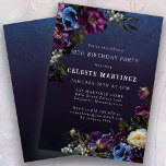 Moody Purple Flowers 50. Geburtstagsparty Einladung<br><div class="desc">Tief violette Blumen mit weißen und blauen Pop sorgen für eine stimmungsvolle Winterpalette. Sie sind in dunkelgrünem und schwarzem Blattwerk eingebettet. Der dunkelblaue Aquarellhintergrund verleiht ihm ein gotisches Flair und rahmt die Blume perfekt ein. Es macht auch den weißen Text Pop. Diese Einladung zum 50. Geburtstag ist zum Download und...</div>