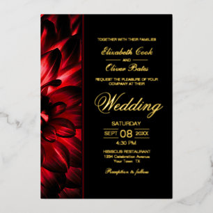 Moody Red Dahlia Floral Gold Text Wedding Folieneinladung