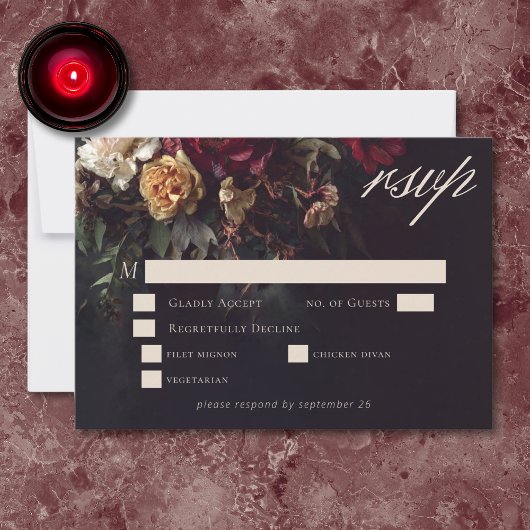 Moody Romantic Dark Floral Gothic Wedding RSVP Karte