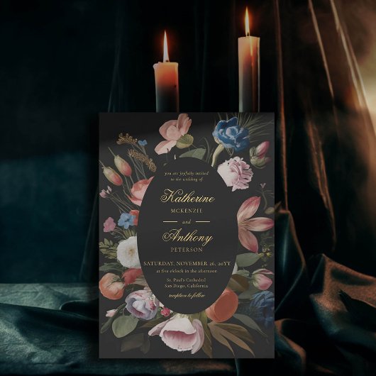 Moody Romantic Floral Dreamy Black Frame Wedding Einladung