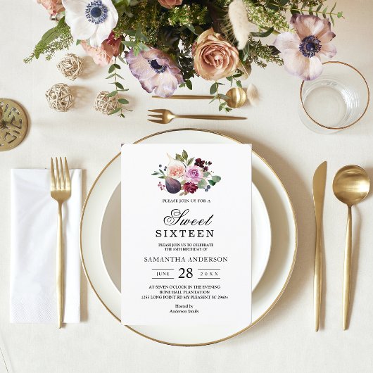 Moody & Rustic Burgund Wasserfarbe Blume & Berry Einladung