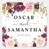 Moody & Rustic Burgund Wasserfarbe Blume & Leaf Quadratischer Aufkleber (Vorderseite)