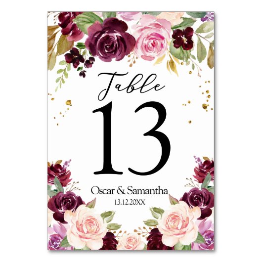 Moody & Rustic Burgund Wasserfarbe Blume & Leaf Tischnummer (Vorderseite)