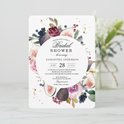 Moody & Rustic Burgundy Floral & Berry Frame Einladung (Stehend Vorderseite)