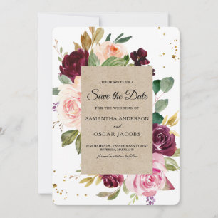 Moody & Rustic Burgundy Kraft Floral Frame & Gold Save The Date