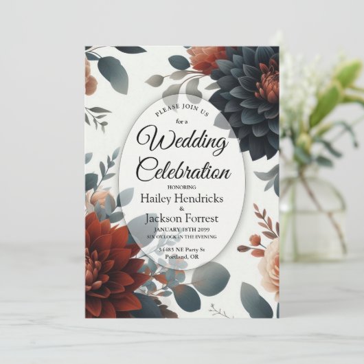 Moody Rustic Fall Florals Wedding Einladung (Stehend Vorderseite)