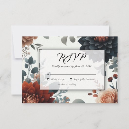 Moody Rustic Fall Florals Wedding RSVP Karte (Vorderseite)