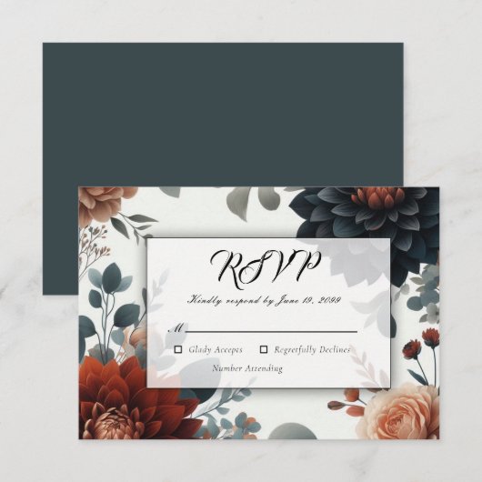 Moody Rustic Fall Florals Wedding RSVP Karte (Vorne/Hinten)