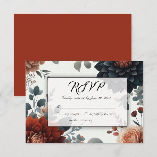 Moody Rustic Fall Florals Wedding RSVP Karte (Vorne/Hinten)