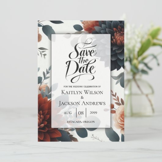 Moody Rustic Fall Florals Wedding Save The Date (Stehend Vorderseite)