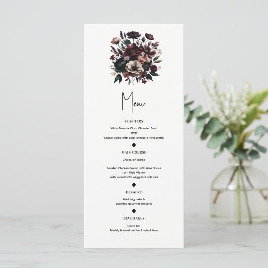 Moody Rustic Garden Florals Bohemische Hochzeitska Menükarte (Stehend Vorderseite)