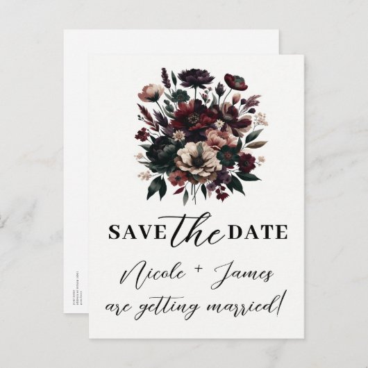 Moody Rustic Garden Florals Save the Date Bohemisc Ankündigungspostkarte (Vorne/Hinten)