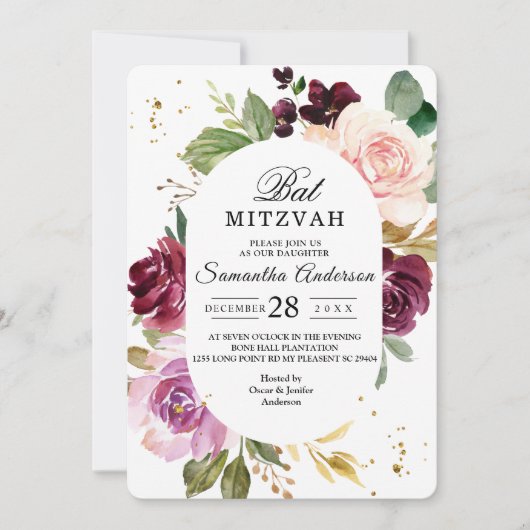 Moody & rustikale Burgunder Aquarellbilder - Blume Einladung (Vorderseite)