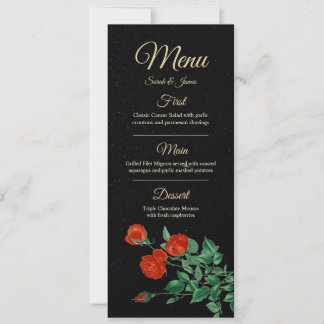 Moody Starry Night Crimson Roses Wedding Menu Card Einladung