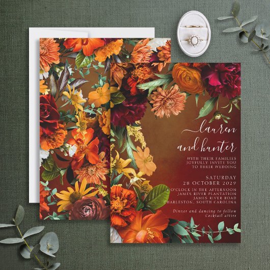 Moody Sunset Colors Floral Script Wedding Invitati Einladung