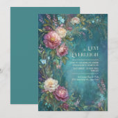 Moody Teal Watercolor Romantic Peony Wedding Einladung (Vorne/Hinten)