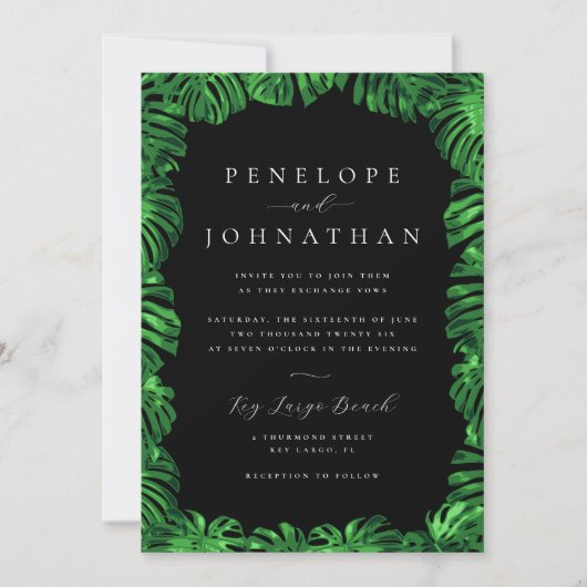 Moody Tropical Green Monstera Island Wedding Einladung (Vorderseite)
