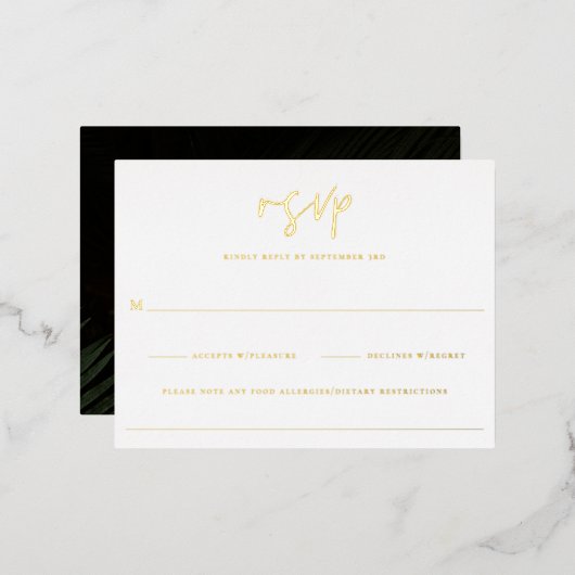 Moody Tropics Wedding RSVP Folie Einladungspostkarte (Vorderseite/Rückseite)