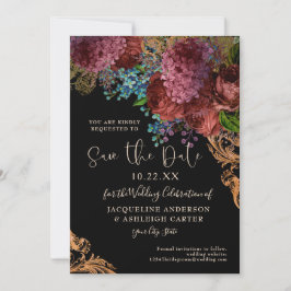 Moody Vintag Burgundy Floral Gold Black Wedding Save The Date