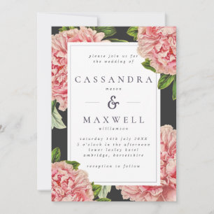 Moody Vintag Charcoal & Pink Peony Wedding Einladung