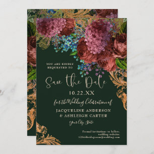 Moody Vintag Floral Gold Forest Green Wedding Save The Date