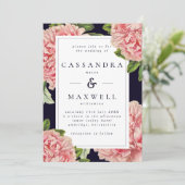 Moody Vintag Navy & Pink Peony Wedding Einladung (Stehend Vorderseite)