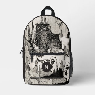 Moody Vintag Owls Black and Ivory Monogram Bedruckter Rucksack