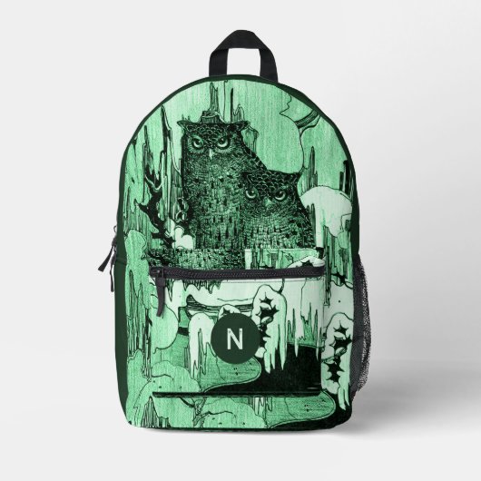 Moody Vintag Owls Green und Minze Monogram Bedruckter Rucksack (Vorderseite)