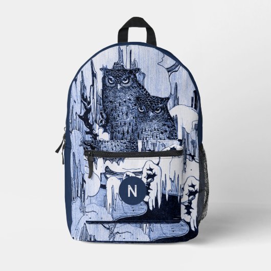 Moody Vintag Owls Navy und Blue Monogram Bedruckter Rucksack (Vorderseite)