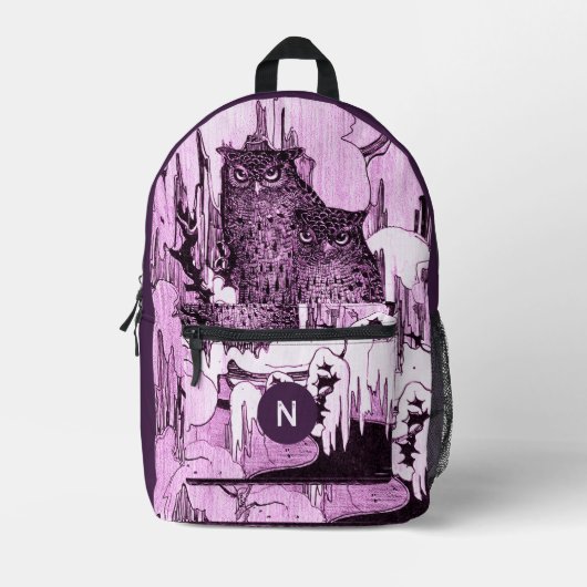 Moody Vintag Owls Plum Lila Monogram Bedruckter Rucksack (Vorderseite)