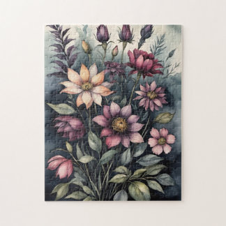 Moody Vintage Botanical Watercolor Floral Pattern Puzzle