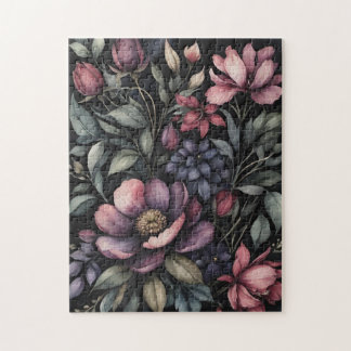 Moody Vintage Botanical Watercolor Floral Pattern Puzzle