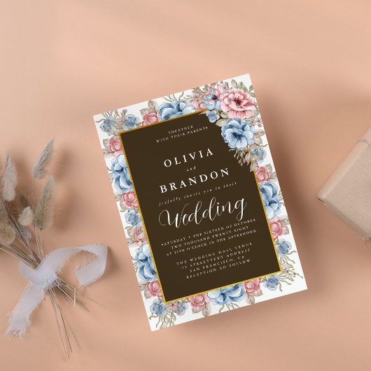 Moody Watercolor Floral Rustic Wedding Einladung