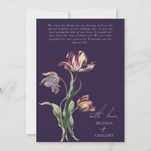 Moody Watercolor Lila Tulips Hochzeit Dankeskarte (Rückseite)