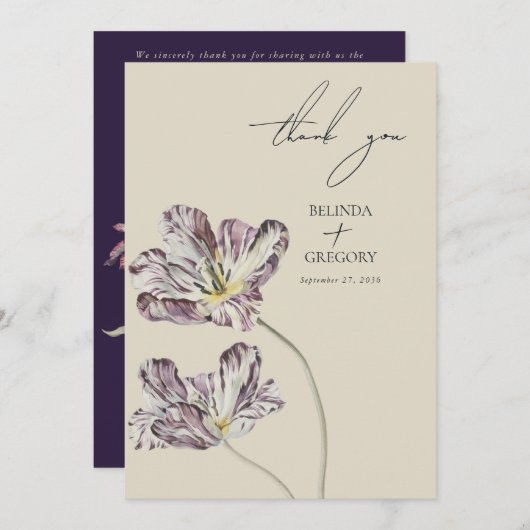 Moody Watercolor Lila Tulips Hochzeit Dankeskarte (Vorne/Hinten)
