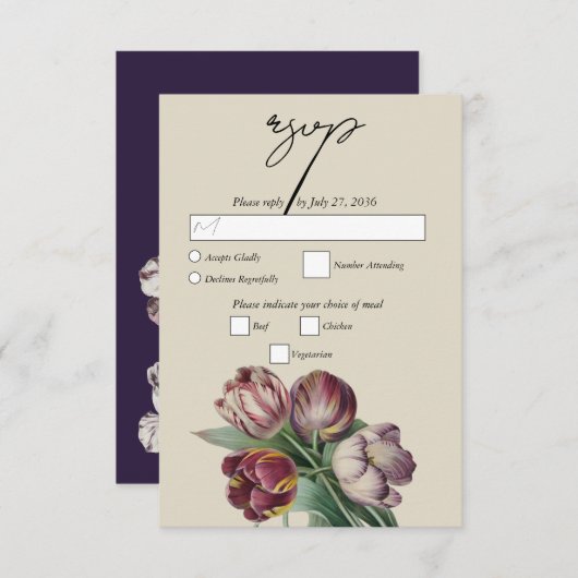 Moody Watercolor Lila Tulips Hochzeit RSVP Karte (Vorne/Hinten)
