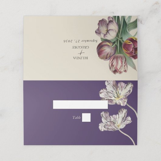 Moody Watercolor Lila Tulips Hochzeitname Platzkarte (Außenseite Aufgefaltet)