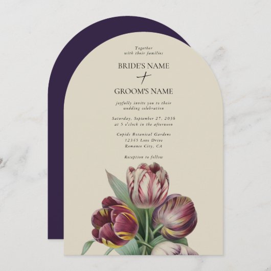 Moody Watercolor Lila Tulips Hochzeitsplatz Einladung (Vorne/Hinten)