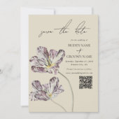 Moody Watercolor Lila Tulips Hochzeitsstiftung QR- Save The Date (Vorderseite)