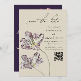 Moody Watercolor Lila Tulips Hochzeitsstiftung QR- Save The Date