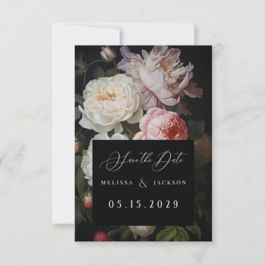 Moody White Peony Blush Rose Save The Date (Vorderseite)