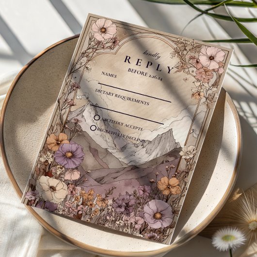 Moody Wildflower Mountain Wedding RSVP Karte