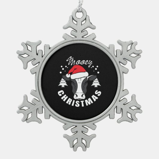 Mooey Christmas - Kuhkopf mit Weihnachtsmannmütze  Schneeflocken Zinn-Ornament (Vorderseite)