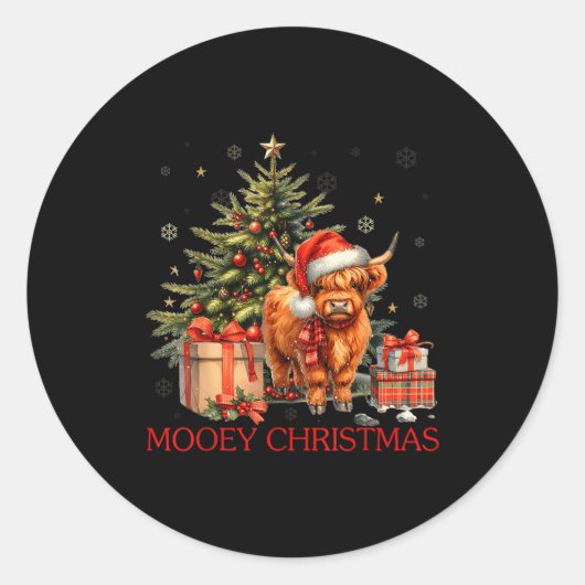 Mooey Christmas Santa Highland Cow Santa Xmas Tree Runder Aufkleber (Vorderseite)